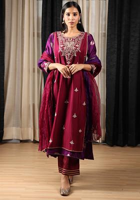 Purple And Maroon Embroidered Silk Chanderi Kurta Set