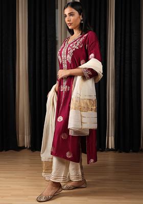 Maroon Embroidered Silk Varanasi Kurta Set