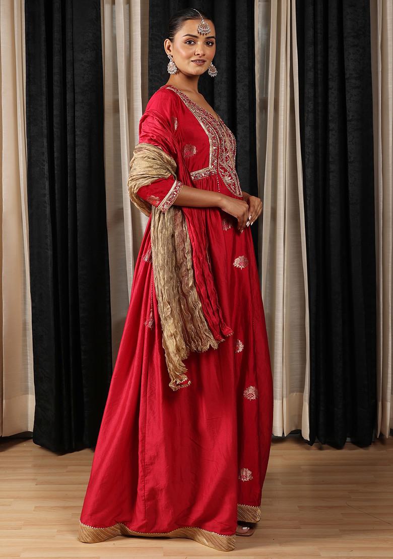 Red Embroidered Silk Chanderi Anarkali Set