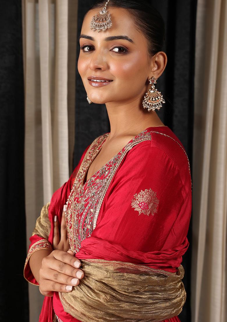 Red Embroidered Silk Chanderi Anarkali Set