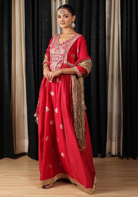 Red Embroidered Silk Chanderi Anarkali Set