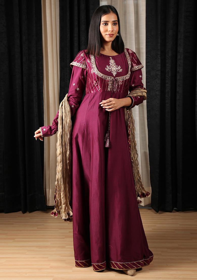 Maroon Embroidered Work Silk Chanderi Anarkali Set