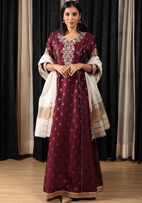Maroon Embroidered Silk Chanderi Anarkali Set