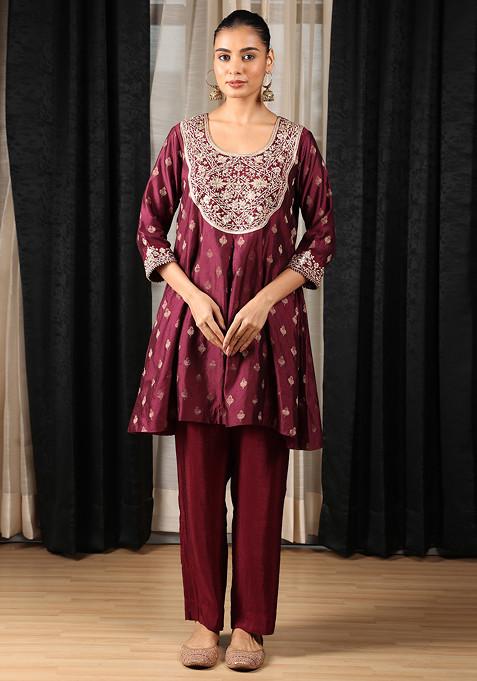 Maroon Embroidered Silk Chanderi Co-Ord Set
