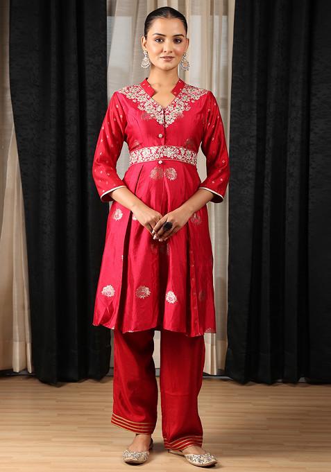 Red Embroidered Silk Chanderi Co-Ord Set