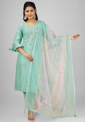 Sea Green Embroidered Silk Chanderi Kurta Set