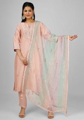Peach Embroidered Silk Chanderi Kurta Set