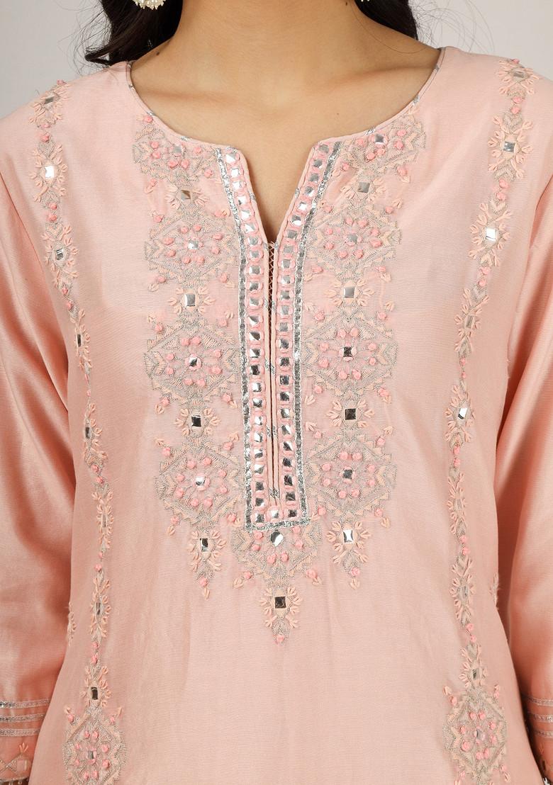 Peach Embroidered Silk Chanderi Kurta Set