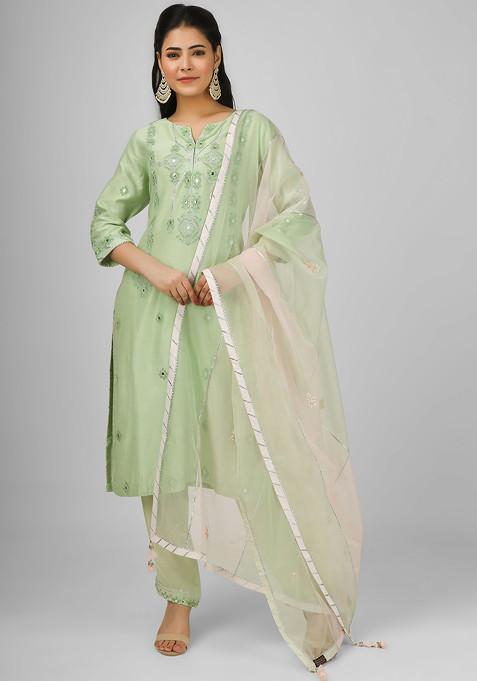 Lime Green Embroidered Silk Chanderi Kurta Set