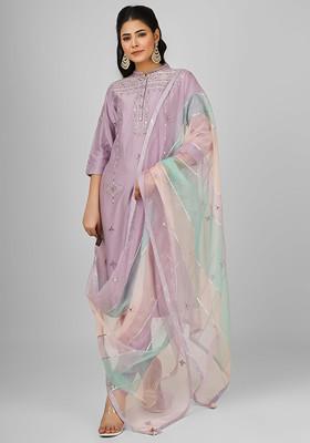 Mauve Embroidered Silk Chanderi Kurta Set