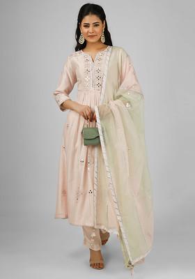 Peach Embroidered Silk Chanderi Kurta And Bottom Set