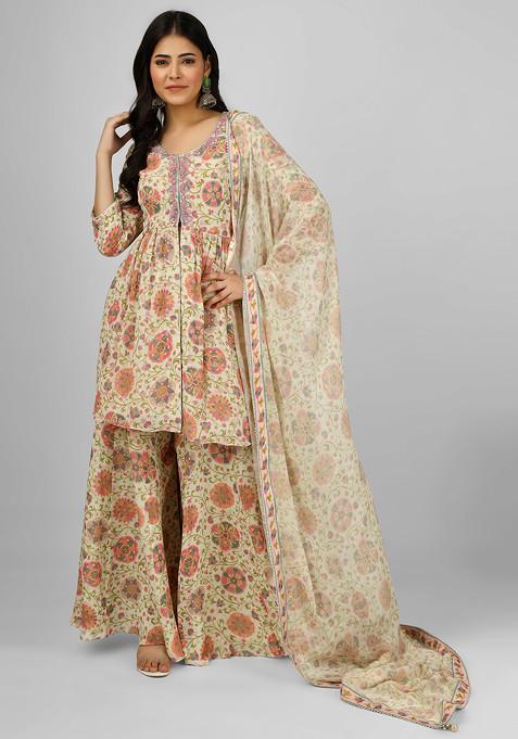 Beige Persian Tales Embroidered Sharara Set 