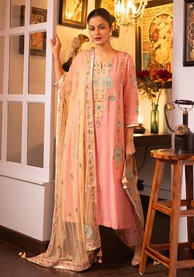 Pink Pietra Dura Machine Embroidered Silk Kurta Set