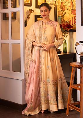 Beige Pietra Dura Machine Embroidered Silk Anarkali Set
