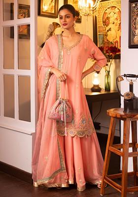 Pink Pietra Dura Machine Embroidered Silk Sharara Set