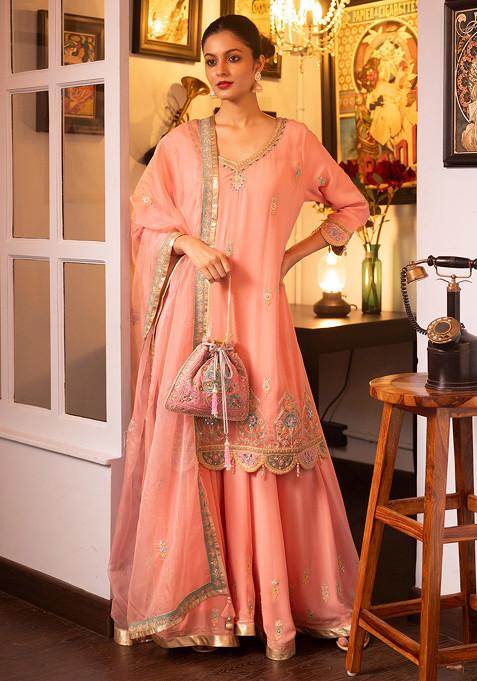Pink Pietra Dura Machine Embroidered Silk Sharara Set