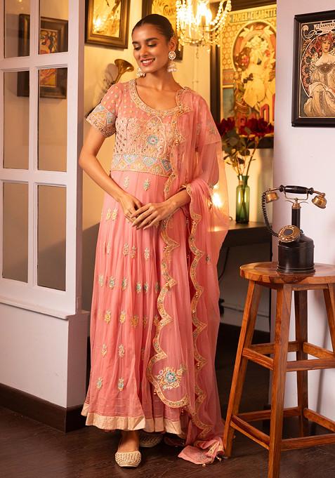 Pink Pietra Dura Machine Embroidered Silk Anarkali Set