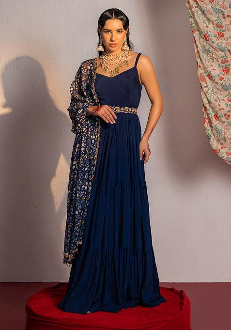 Royal Blue Digital Print And Sequin Embroidered Anarkali Suit Set