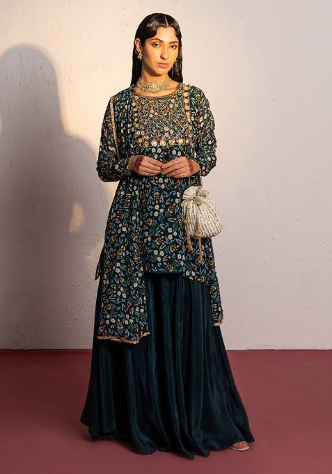 Royal Green Digital Print And Sequin Embroidered Sharara Set