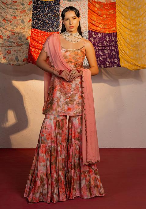 Coral Pink Sequin Embroidered And Digital Print Sharara Set
