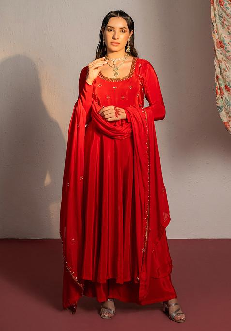 Red Sequin Embroidered Anarkali Suit Set