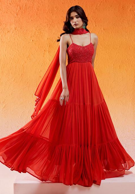 Red Scarlet Sequin Embroidered Anarkali Set