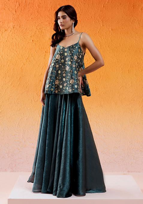 Women Teal Blue Floral Printed Cotton Flared Sharara