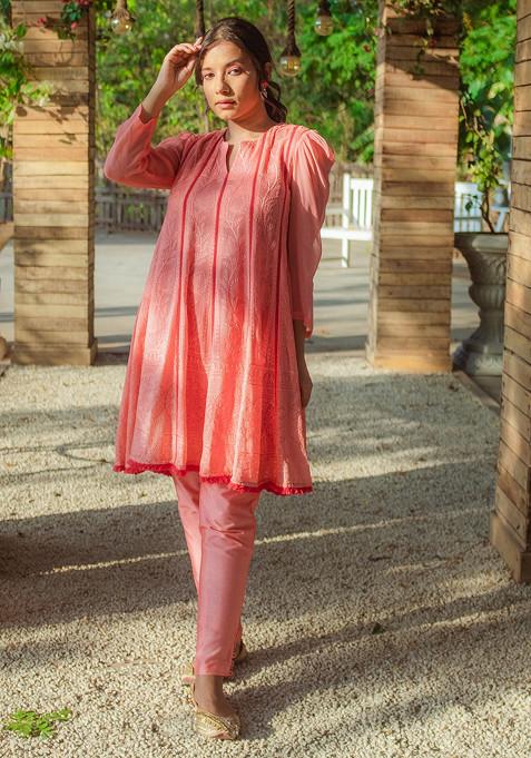 Peach Embroidered Georgette Chikankari Kurta Set