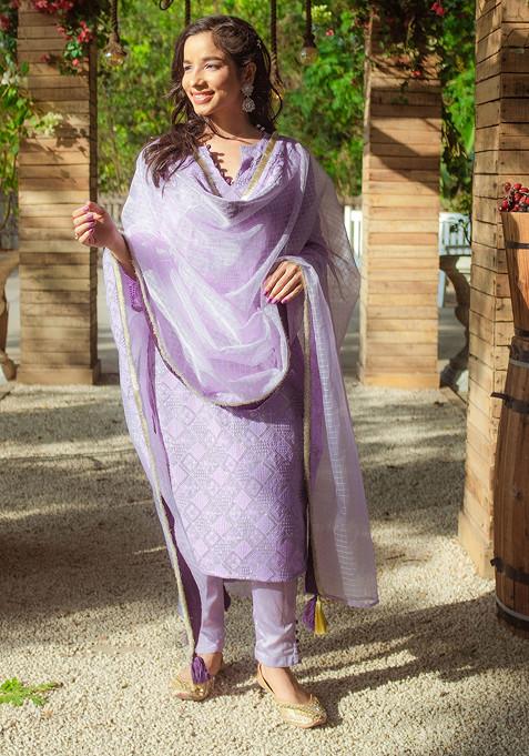 Purple Embroidered Chikankari Kurta Set