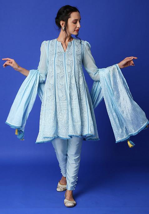 Cobalt Blue Embroidered Georgette Mumtaz Chikankari Kurta Set