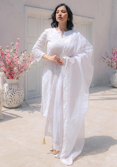 White Embroidered Georgette Malak Chikankari Kurta Set