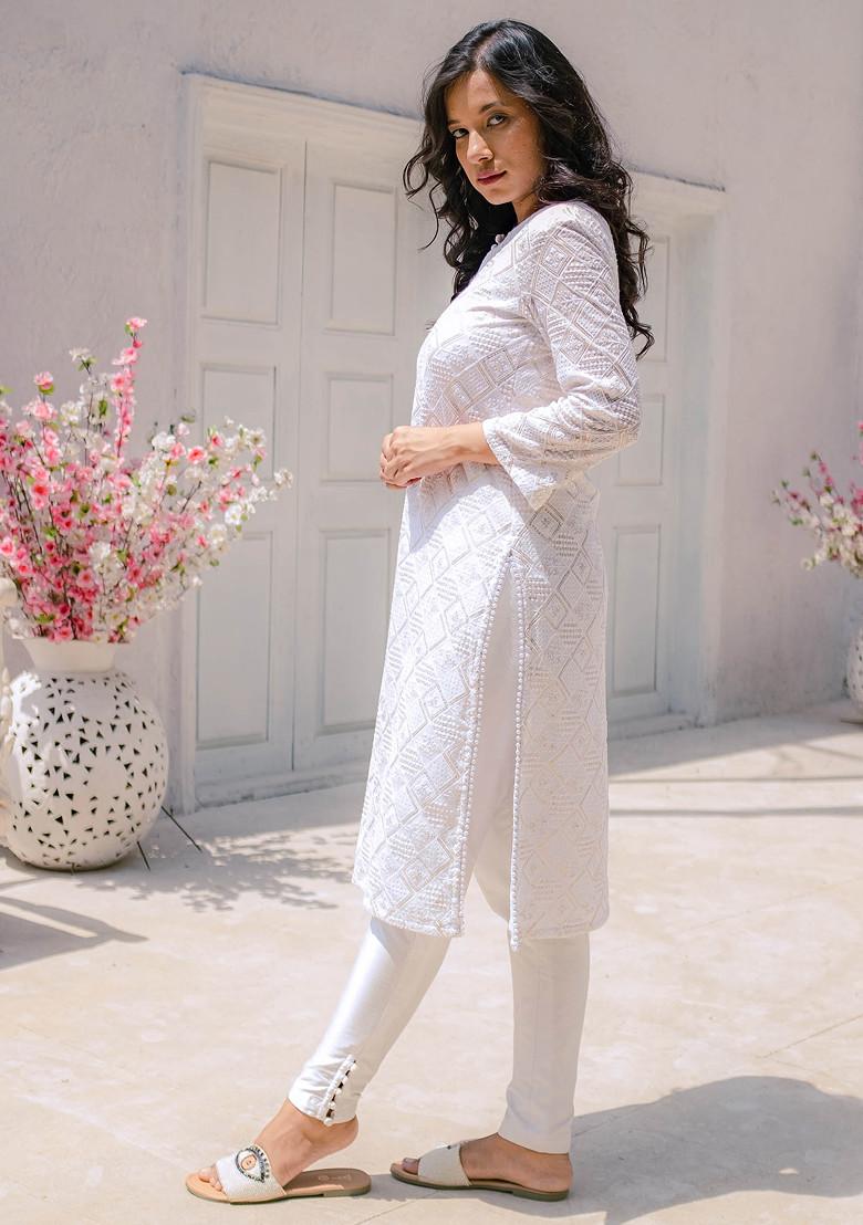 White Embroidered Georgette Chikankari Kurta And Pant Set