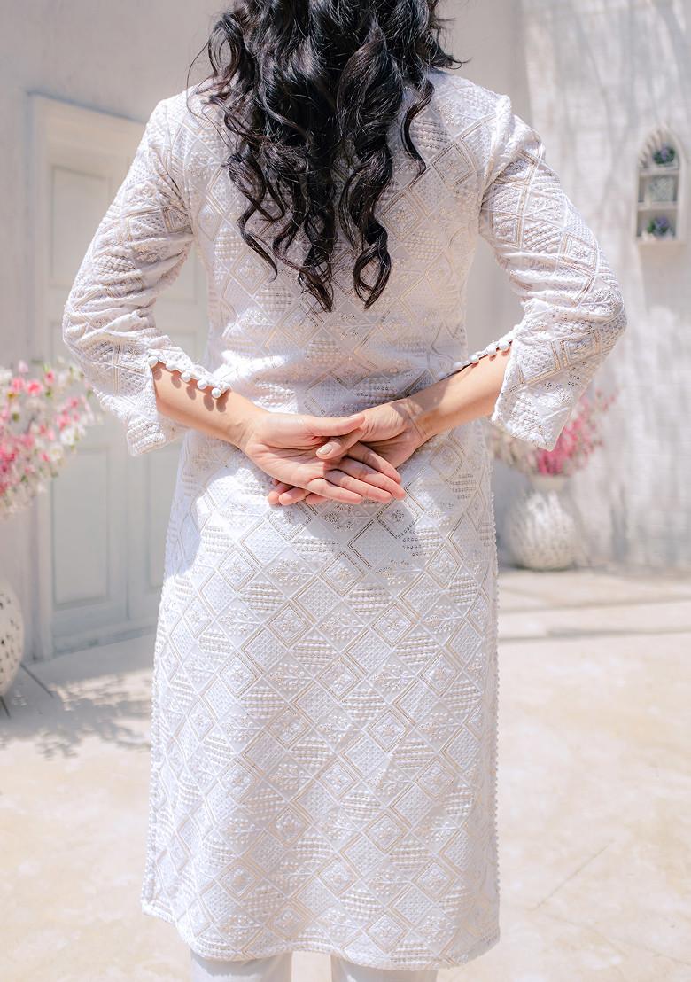 White Embroidered Georgette Chikankari Kurta And Pant Set