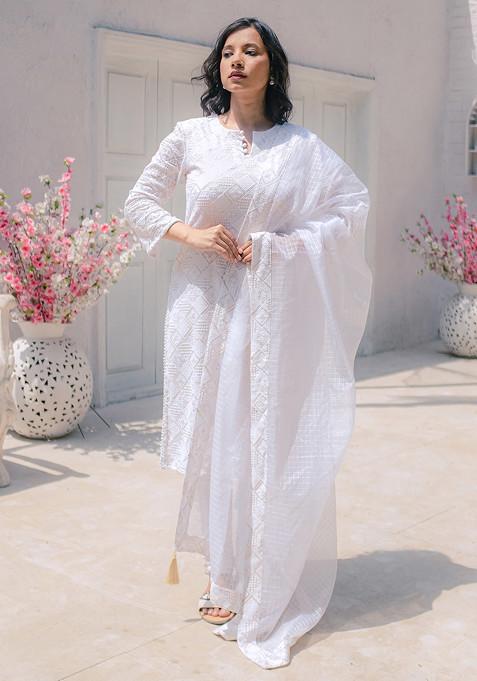 White Embroidered Georgette Chikankari Kurta And Pant Set