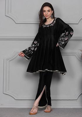 Black Floral Escape Embroidered Chanderi Angrakha Set
