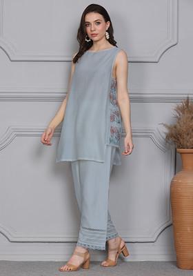Light Blue Floral Escape Embroidered Chanderi Kurta Set