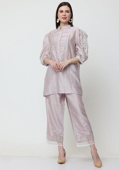Lilac Floral Escape Embroidered Chanderi Top And Pants Set