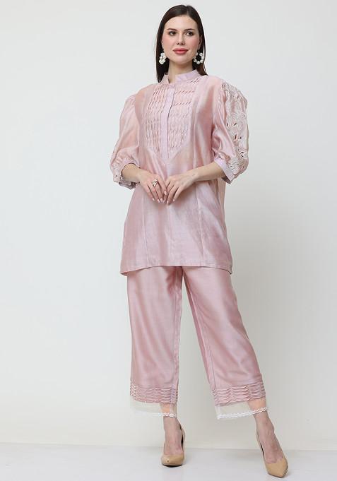 Pink Floral Escape Embroidered Chanderi Top And Pants Set