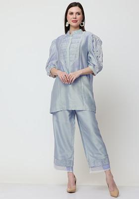 Light Blue Floral Escape Embroidered Chanderi Top And Pants Set