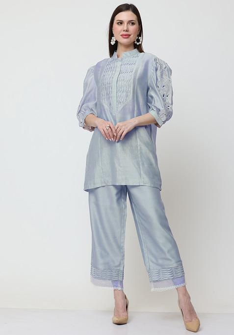 Light Blue Floral Escape Embroidered Chanderi Top And Pants Set