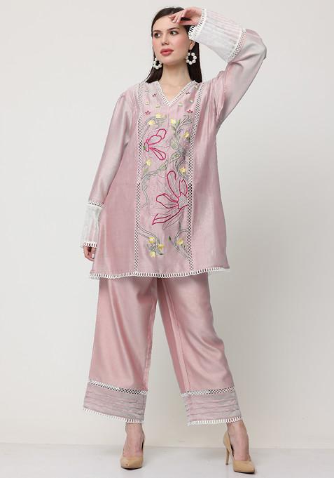 Light Pink Floral Escape Embroidered Cotton Silk Chanderi Kurta Set