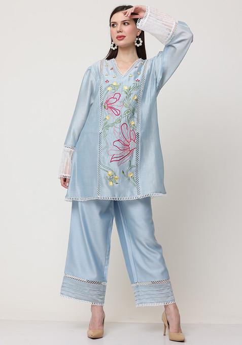 Light Blue Floral Escape Embroidered Cotton Silk Chanderi Kurta Set