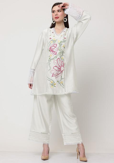 Off White Floral Escape Embroidered Cotton Silk Chanderi Kurta Set