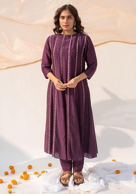 Purple And Peach Machine Work Cotton Silk Kurta Set