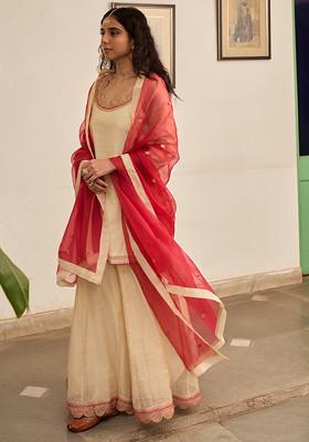 Gold And Red Raag Hand Embroidered Tissue Kurta Set