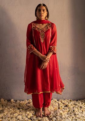 Red Machine Embroidered Chanderi Kurta Set