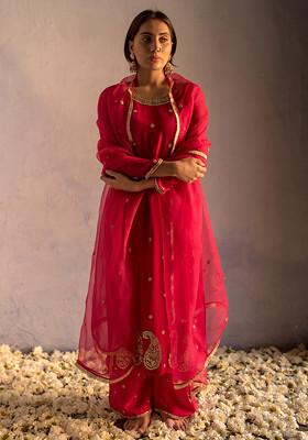 Red Machine Embroidered Georgette Kurta Set
