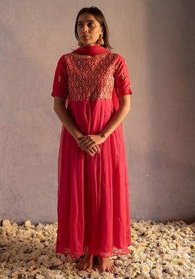 Gajri Pink Machine Embroidered Silk Anarkali Set
