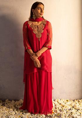 Red Hand Embroidered Georgette Kurta Set