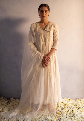 Off White Machine Embroidered Cotton Kurta Set